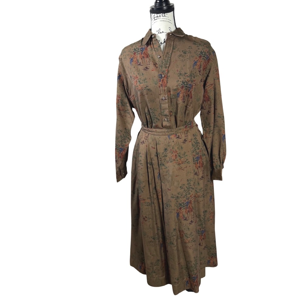 Vtg Kenneth Gordon Silk Wool Equestrian Toile Shirt & Skirt Set USA Women's 8